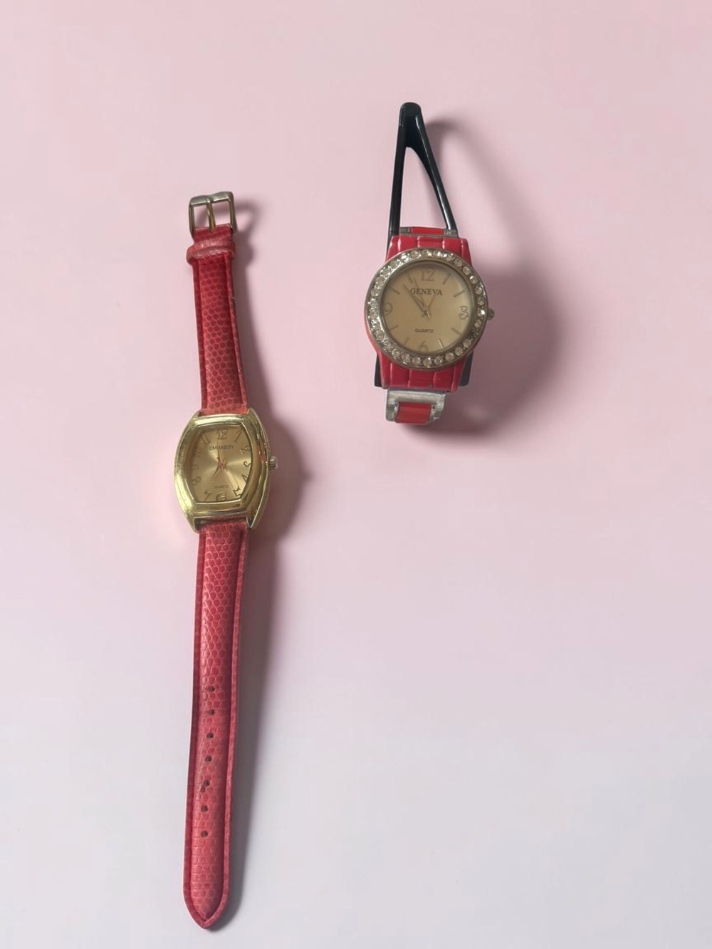 2 Watch lot Geneva Rhinestone in Red and Embassy Watch in Pink Costume Jewelry